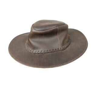 Vintage Dark Brown Leather Wide Brim Western Cowboy Rancher Hat